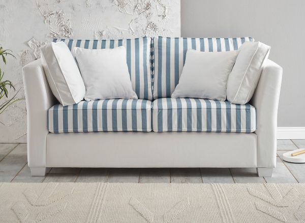 Sofa Hooge in creme und blau Landhaus Couch 2-Sitzer 160 cm inkl. 4 Kissen