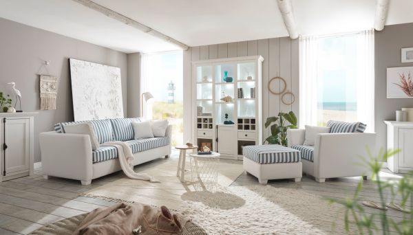 Sofa Hooge in creme und blau Landhaus Couch 2-Sitzer 160 cm inkl. 4 Kissen