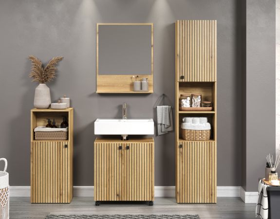 Waschbeckenunterschrank Feliz in Evoke Eiche Badschrank auf Rollen 60 cm