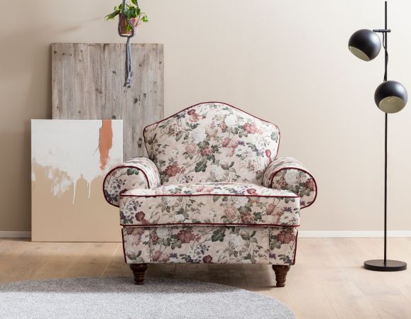 Sessel Elita in creme Landhaus Blumen Design Loungesessel 110 cm
