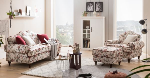 Sessel Elita in creme Landhaus Blumen Design Loungesessel 110 cm