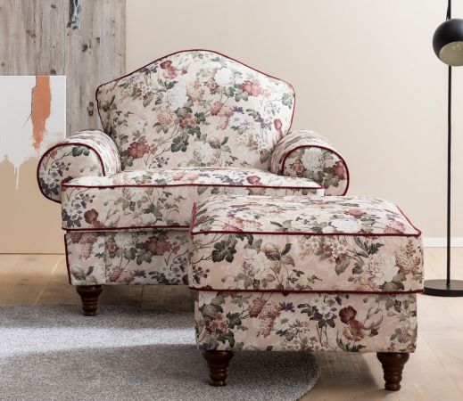 Sessel Set Elita in creme Landhaus Blumen Design Loungesessel inklusive Hocker