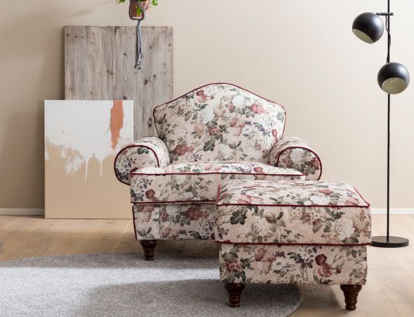 Sessel Set Elita in creme Landhaus Blumen Design Loungesessel inklusive Hocker