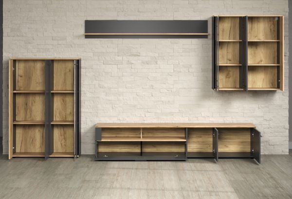 Wohnwand Avila in grau und Evoke Eiche Schrankwand 4-teilig 340 cm