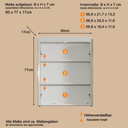 Badezimmer Spiegelschrank Adamo in wei� Hochglanz 2-t�rig inkl. LED 60 x 77 cm
