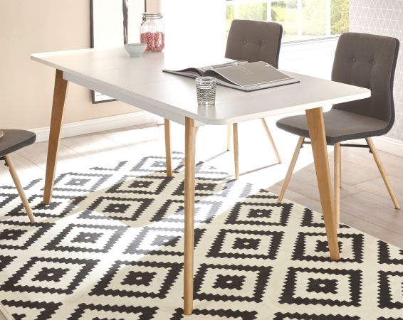 Esstisch Isgard in wei� matt und Scandi Eiche K�chentisch skandinavisch ausziehbar mit Einlegeplatte 140 - 180 x 80 cm
