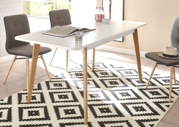 Esstisch Isgard in wei� matt und Scandi Eiche K�chentisch skandinavisch ausziehbar mit Einlegeplatte 140 - 180 x 80 cm