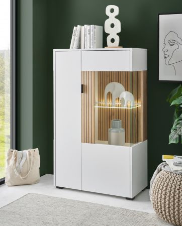 Vitrine Merced in wei� matt und Evoke Eiche Wohn- und Esszimmer Highboard 75 x 125 cm
