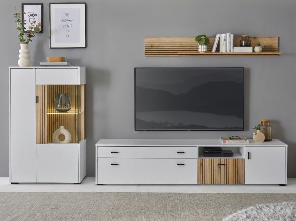 Vitrine Merced in wei� matt und Evoke Eiche Wohn- und Esszimmer Highboard 75 x 125 cm
