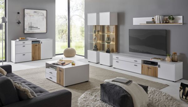 Vitrine Merced in wei� matt und Evoke Eiche Wohn- und Esszimmer Highboard 75 x 125 cm