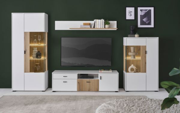 Vitrine Merced in wei� matt und Evoke Eiche Wohn- und Esszimmer Vitrinenschrank 75 x 180 cm