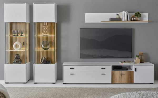 Wohnwand Merced in wei� matt und Evoke Eiche Wohnkombination 4-teilig 316 x 180 cm