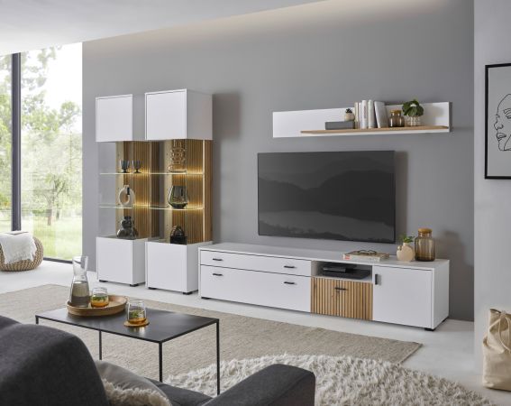Wohnwand Merced in wei� matt und Evoke Eiche Wohnkombination 4-teilig 316 x 180 cm
