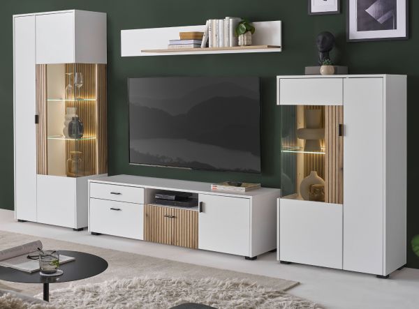 Wohnwand Merced in wei� matt und Evoke Eiche Wohnkombination 4-teilig 320 x 180 cm