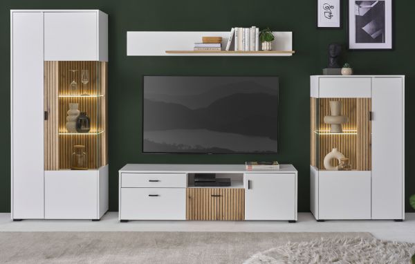 Wohnwand Merced in wei� matt und Evoke Eiche Wohnkombination 4-teilig 320 x 180 cm