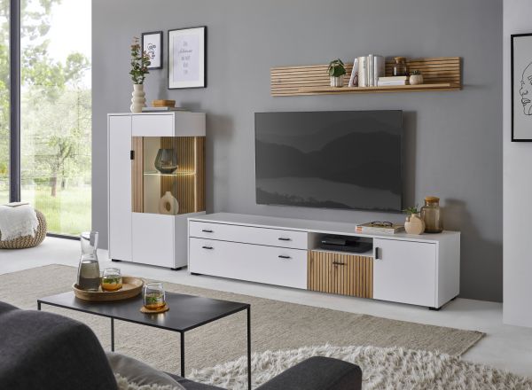 Wohnwand Merced in wei� matt und Evoke Eiche Wohnkombination 3-teilig 285 x 170 cm