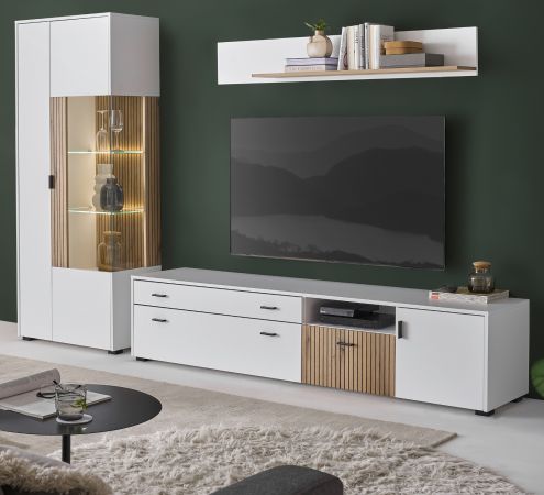 Wohnwand Merced in wei� matt und Evoke Eiche Wohnkombination 3-teilig 285 x 180 cm