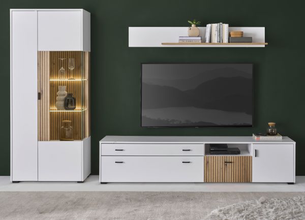 Wohnwand Merced in wei� matt und Evoke Eiche Wohnkombination 3-teilig 285 x 180 cm