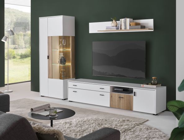 Wohnwand Merced in wei� matt und Evoke Eiche Wohnkombination 3-teilig 285 x 180 cm
