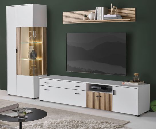 Wohnwand Merced in wei� matt und Evoke Eiche Wohnkombination 3-teilig 285 x 180 cm