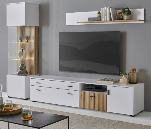 Wohnwand Merced in wei� matt und Evoke Eiche Wohnkombination 3-teilig 258 x 180 cm