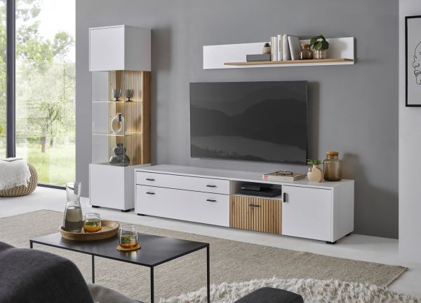 Wohnwand Merced in wei� matt und Evoke Eiche Wohnkombination 3-teilig 258 x 180 cm