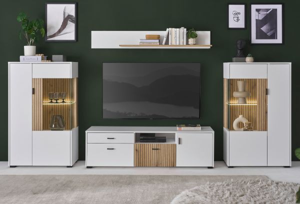 Wohnwand Merced in wei� matt und Evoke Eiche Wohnkombination 4-teilig 320 x 170 cm