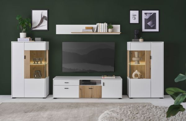 Wohnwand Merced in wei� matt und Evoke Eiche Wohnkombination 4-teilig 320 x 170 cm