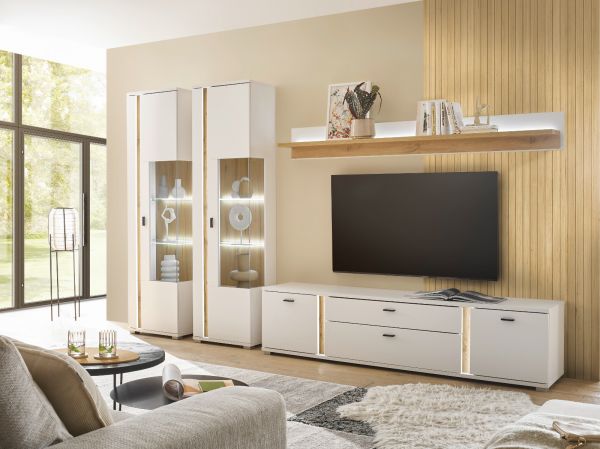 Vitrine Bellport in wei� matt und Wotan Eiche Vitrinenschrank inklusive Frontbeleuchtung 55 x 200 cm