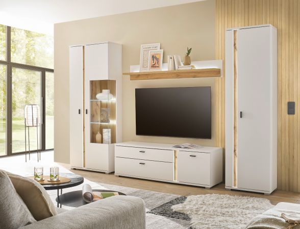 Stauraumschrank Bellport in wei� matt und Wotan Eiche Mehrzweckschrank inklusive Frontbeleuchtung 55 x 200