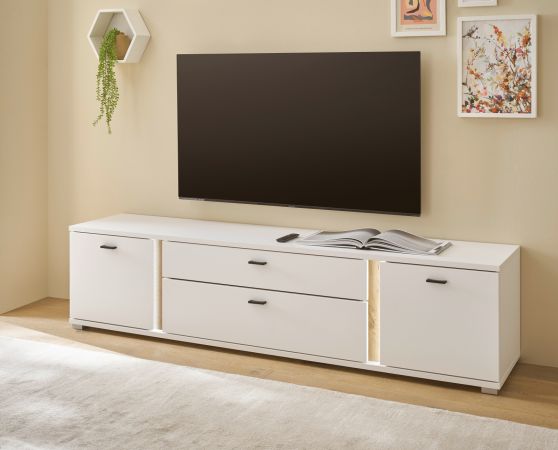 TV-Lowboard Bellport in wei� matt und Wotan Eiche TV Unterteil inklusive Frontbeleuchtung 200 cm