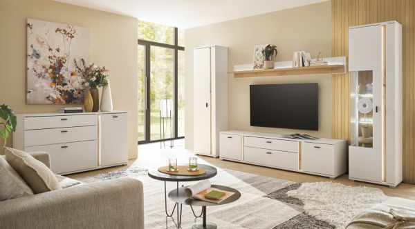 TV-Lowboard Bellport in wei� matt und Wotan Eiche TV Unterteil inklusive Frontbeleuchtung 200 cm