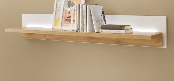 Wandboard Bellport in wei� matt und Wotan Eiche Wandregal inklusive Beleuchtung 150 cm