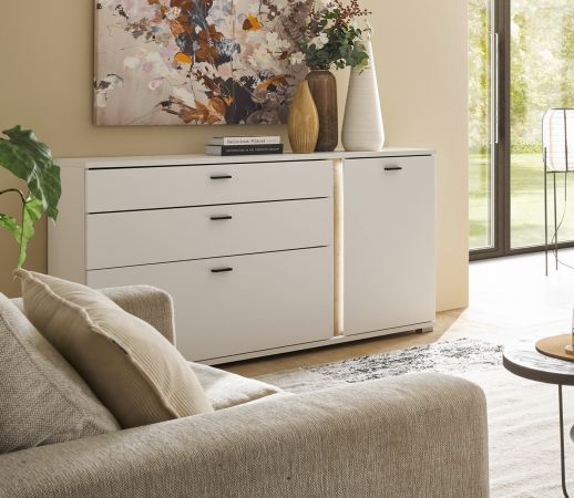 Sideboard Bellport in wei� matt und Wotan Eiche Kommode inklusive Frontbeleuchtung 150 cm