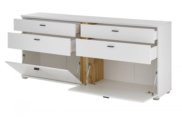 Sideboard Bellport in wei� matt und Wotan Eiche Kommode inklusive Frontbeleuchtung 200 cm