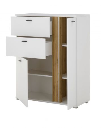 Highboard Bellport in wei� matt und Wotan Eiche Kommode inklusive Frontbeleuchtung 100 x 125 cm