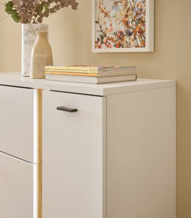Highboard Bellport in wei� matt und Wotan Eiche Kommode inklusive Frontbeleuchtung 100 x 125 cm