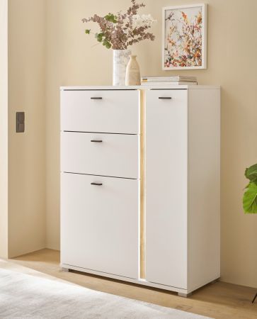 Highboard Bellport in wei� matt und Wotan Eiche Kommode inklusive Frontbeleuchtung 100 x 125 cm