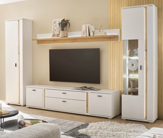 Wohnwand Bellport in wei� matt und Wotan Eiche Wohnkombination inklusive Frontbeleuchtung 330 x 200