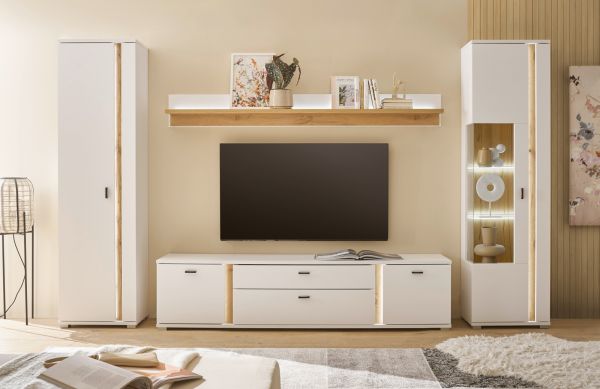 Wohnwand Bellport in wei� matt und Wotan Eiche Wohnkombination inklusive Frontbeleuchtung 330 x 200