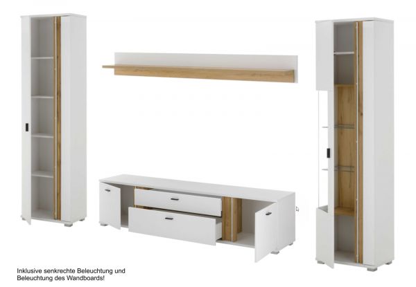 Wohnwand Bellport in wei� matt und Wotan Eiche Wohnkombination inklusive Frontbeleuchtung 330 x 200