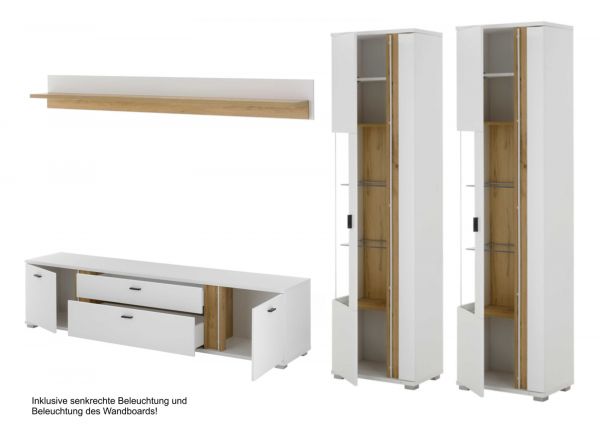 Wohnwand Bellport in wei� matt und Wotan Eiche Wohnkombination inklusive Frontbeleuchtung 330 x 200