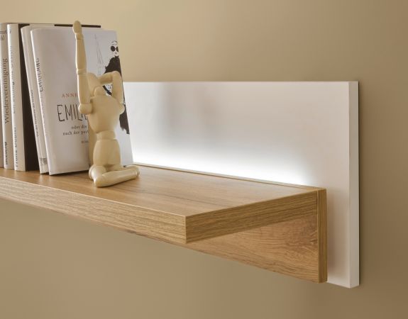 Wohnwand Bellport in wei� matt und Wotan Eiche Wohnkombination inklusive Frontbeleuchtung 290 cm