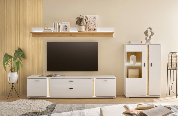 Wohnwand Bellport in wei� matt und Wotan Eiche Wohnkombination inklusive Frontbeleuchtung 290 cm