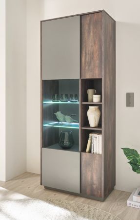 Vitrine Piano in Thermo Eiche und grau Vitrinenschrank mit Soft-Close 80 x 200 cm