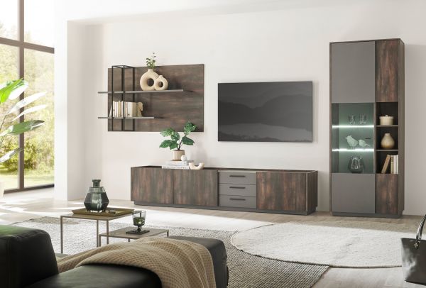 Vitrine Piano in Thermo Eiche und grau Vitrinenschrank mit Soft-Close 80 x 200 cm