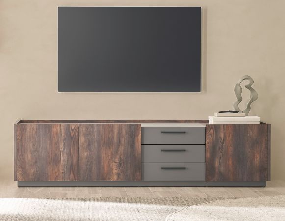 TV-Lowboard Piano in Thermo Eiche und grau XL TV Unterteil mit Soft-Close 200 x 50 cm