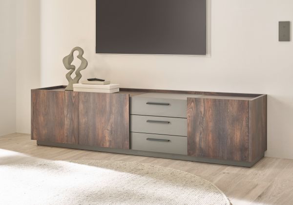 TV-Lowboard Piano in Thermo Eiche und grau XL TV Unterteil mit Soft-Close 200 x 50 cm