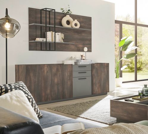 Sideboard Piano in Thermo Eiche und grau Kommode mit Soft-Close 200 x 80 cm