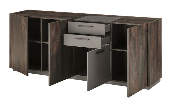 Sideboard Piano in Thermo Eiche und grau Kommode mit Soft-Close 200 x 80 cm